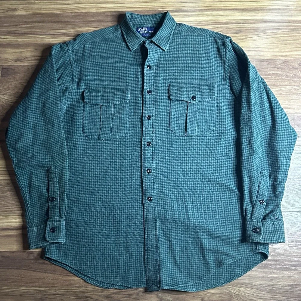 Vintage Polo Ralph Lauren Sierra Shirt Mens Large Green Herringbone Heavy Cotton